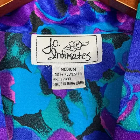 Vintage JO Intimates Robe Kimono Satin Blue Purple Floral Pocket Women's M - Picture 3 of 6